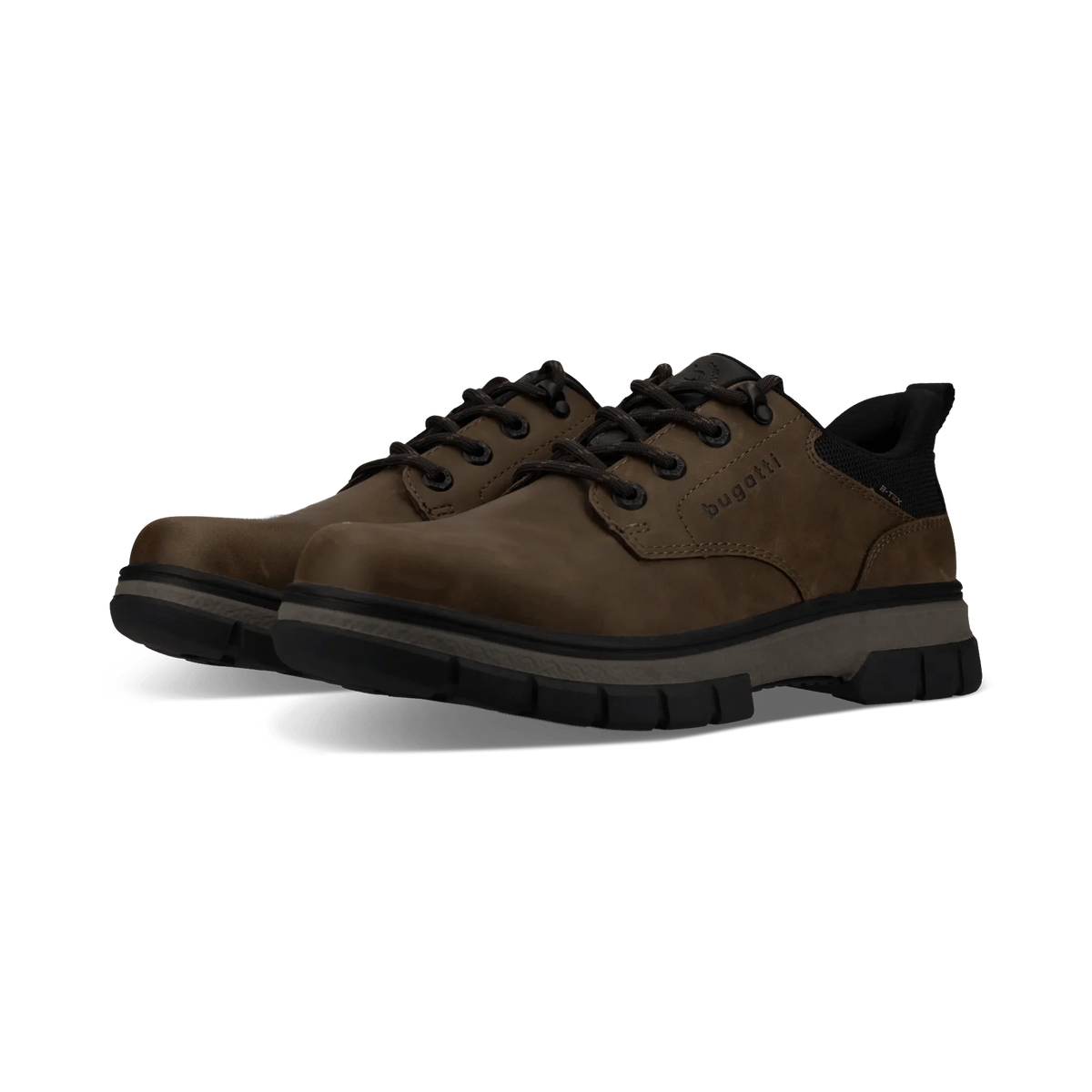 A pair of Bugatti low-top work shoes in dark brown with black laces, black collar lining, and a thick black lug sole, shown on a plain white background.