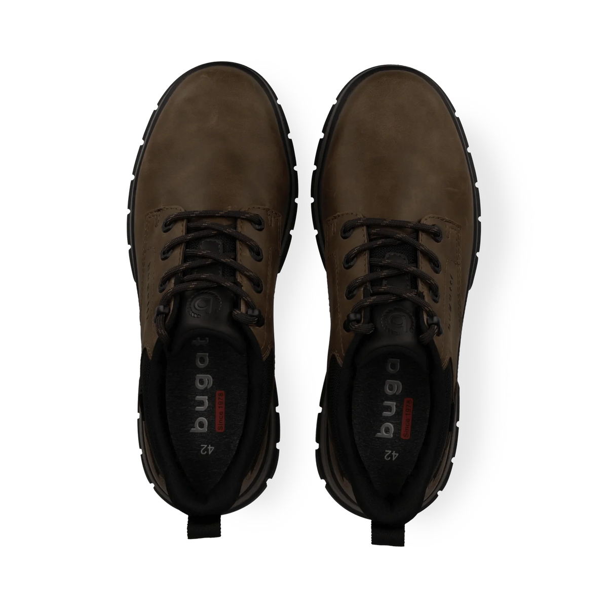 A pair of men's lace-up shoes shown from a top-down view on a white background. The boots are primarily dark brown with black soles, laces, and lining, featuring the brand name 'Bugatti' printed on the insole.