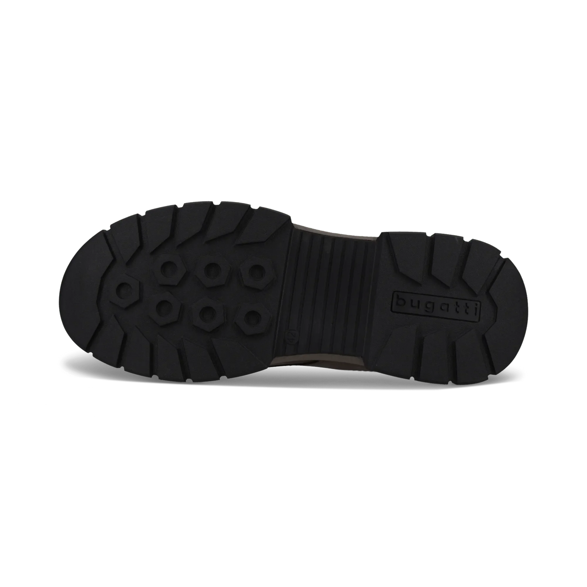 The black rubber outsole of a Bugatti shoe, showing detailed tread patterns and the embossed brand name on a clean white background.