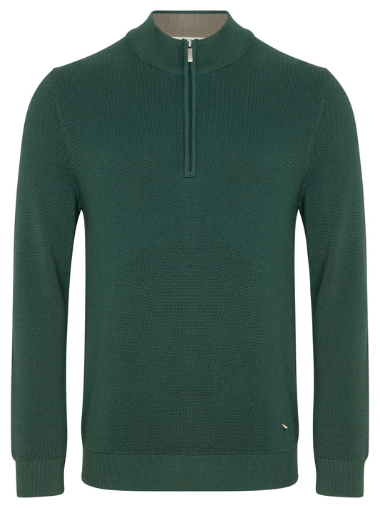 Knitted quarter zip jumper in green shown flat against a white background