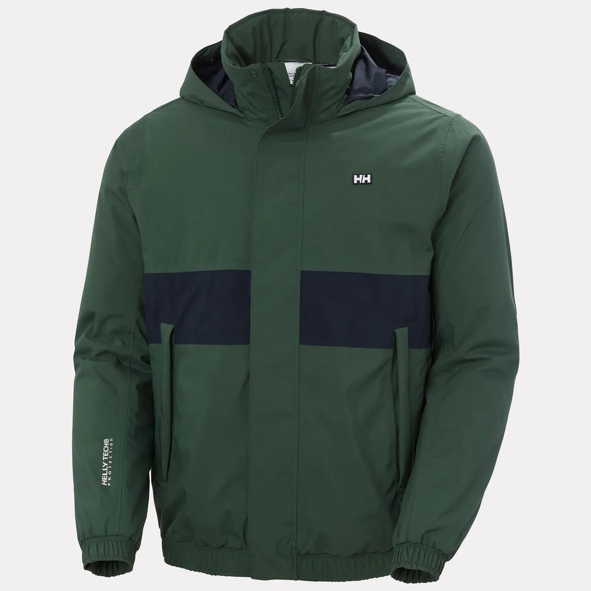 A dark green hooded jacket with a navy blue horizontal chest stripe and a small white HH logo on the left chest, displayed on a light gray background.