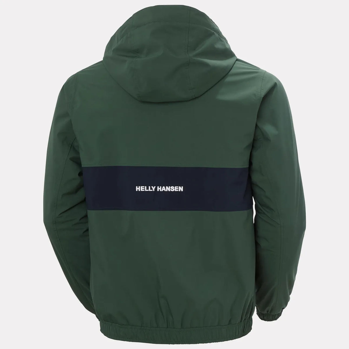 A dark green hooded windbreaker jacket shown from the back, featuring a navy blue horizontal stripe across the upper back with the white text 'HELLY HANSEN' printed in the center.