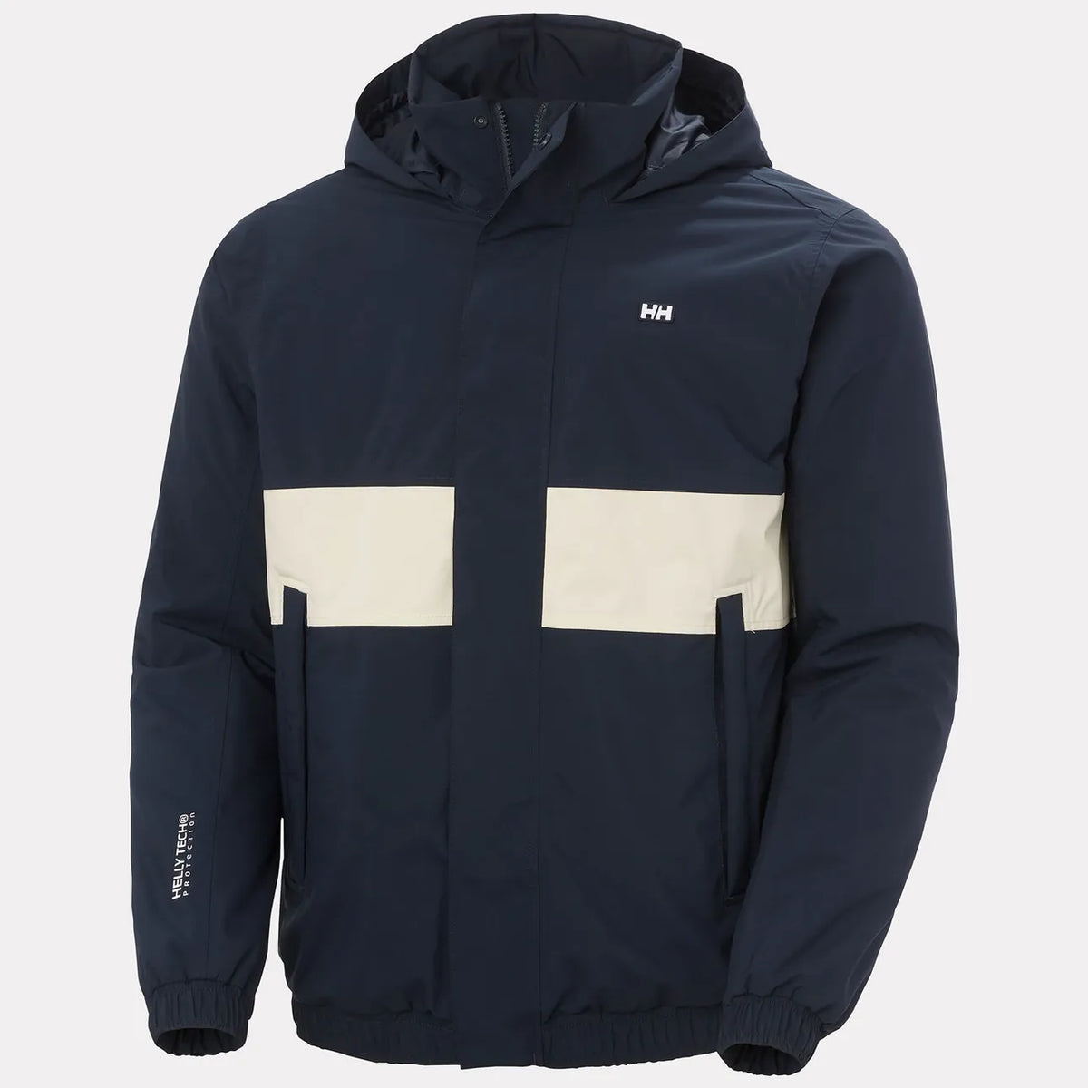 A navy blue hooded jacket with two large cream-colored rectangular panels across the chest and a small white Helly Hansen 'HH' logo on the left chest, displayed on a light gray background.