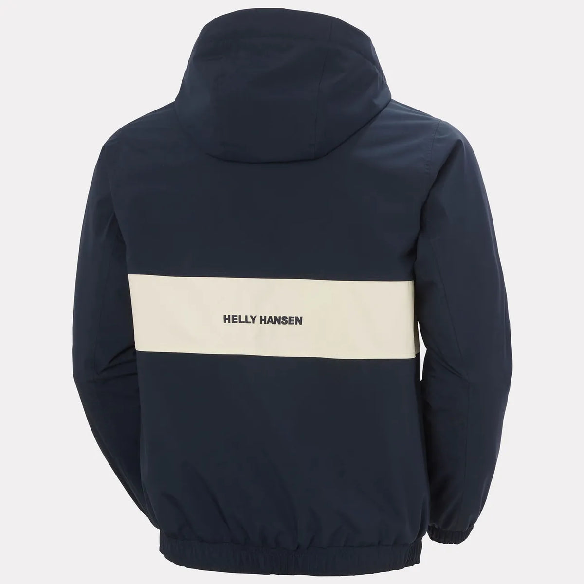 Back view of a navy blue hooded windbreaker jacket with a wide cream horizontal stripe across the upper back and the brand name 'HELLY HANSEN' printed in navy on the stripe, set against a light gray background.