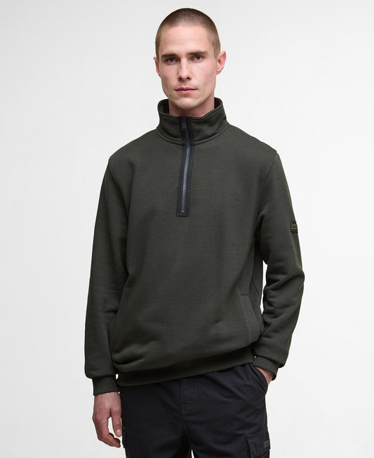 Barbour International Outline Funnel Neck Sweat. Man wearing a green pullover with a high collar on a white background - Matt O'Brien Fashions