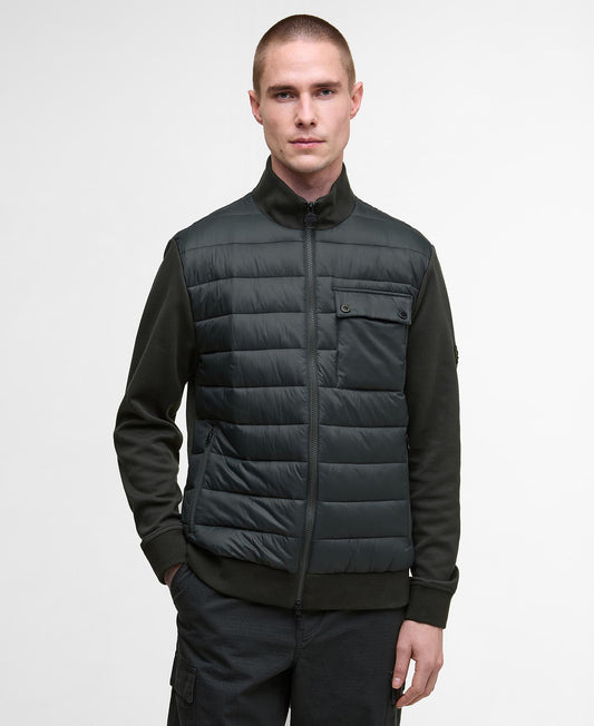 Barbour International Heysham Quilted Sweatshirt. Man wearing a dark green hybrid sweatshirt on a white background - Matt O'Brien Fashions