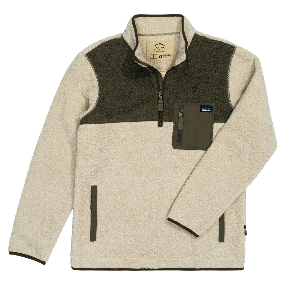 A fleece pullover jacket with a two-tone design, featuring an off-white body and sleeves with dark olive green shoulder yokes, a dark green chest pocket, and matching dark green zipper details and a small Bleubird patch logo.