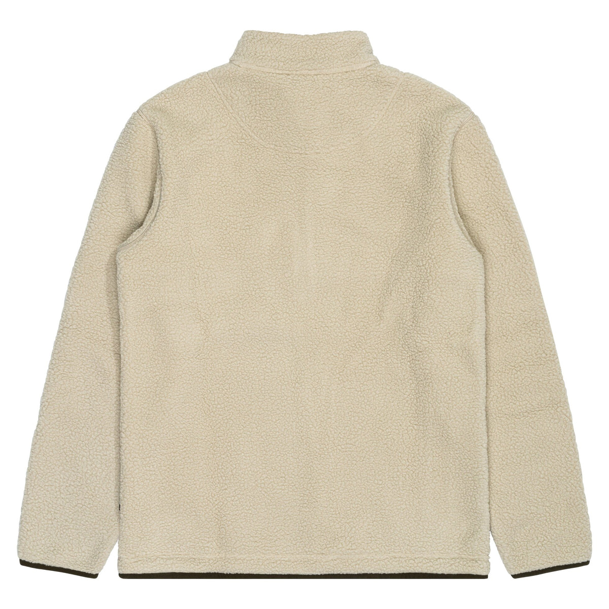 A beige fleece quarter-zip pullover jacket shown from the back, featuring a high mock neck collar and long sleeves, photographed against a solid white background.