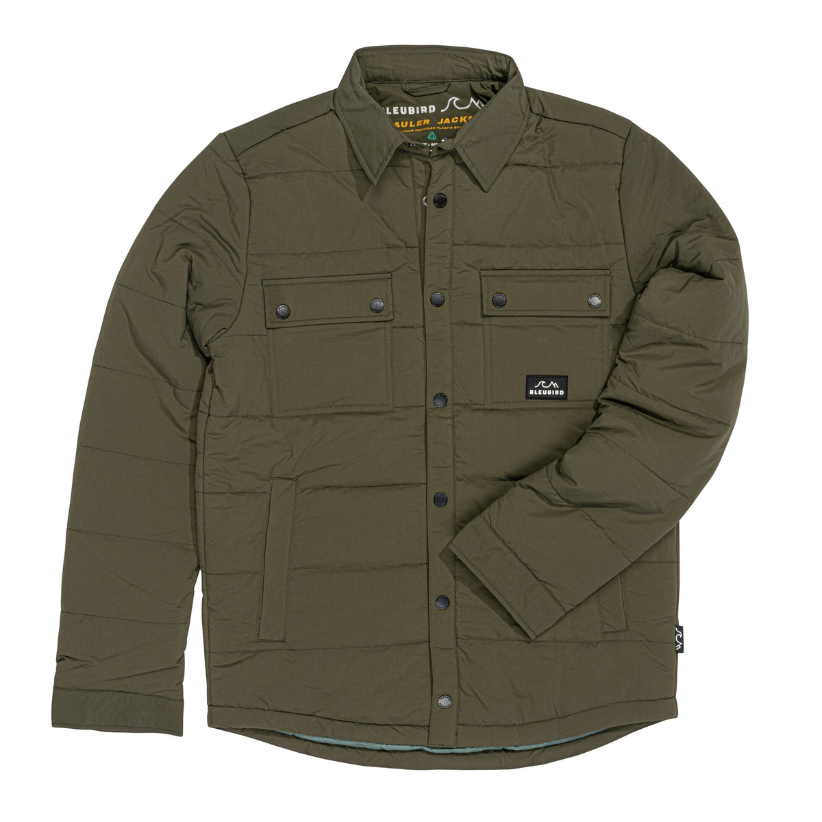 An olive green puffer-style button-up shirt jacket with a collar, button front, flap chest pockets, and a small black brand patch on the left chest, shown on a plain white background.