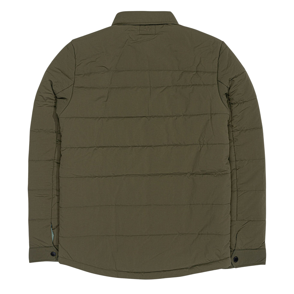 An olive green quilted puffer jacket shown from the back, featuring horizontal stitching and a collar, photographed against a solid white background.