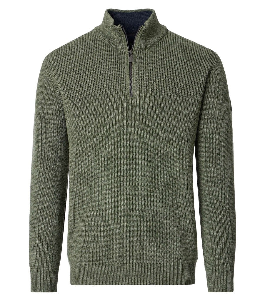 An olive green ribbed knit quarter-zip sweater with a dark navy interior lining, displayed on a clean white background.