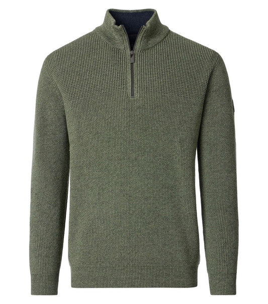 An olive green ribbed knit quarter-zip sweater with a dark navy interior lining, displayed on a clean white background.