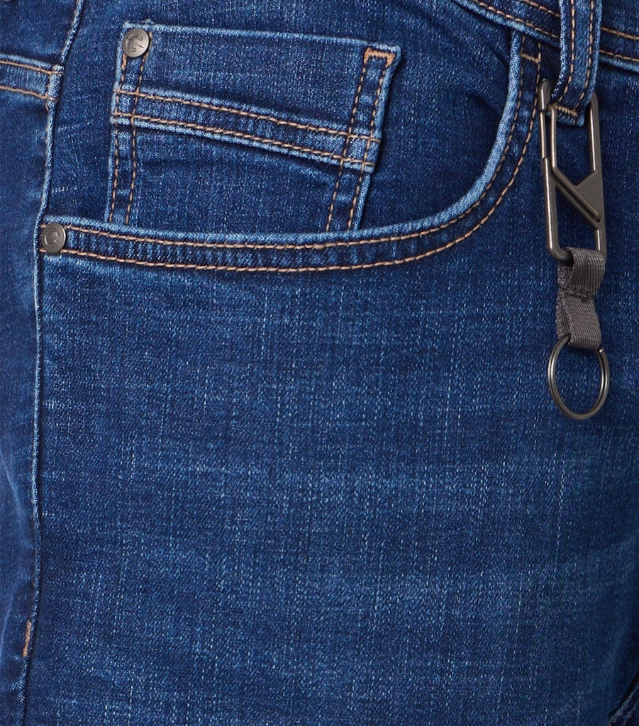 Close up of a blue jeans front pocket and coin pocket with silver keyring attached