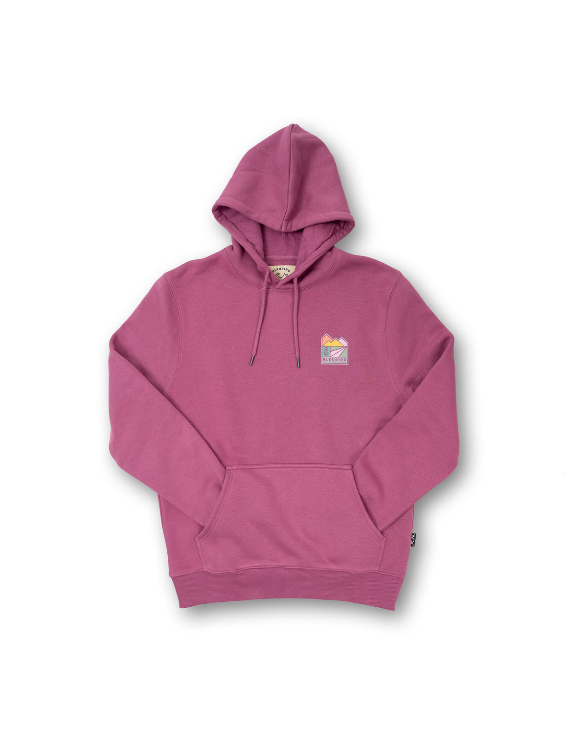 A dusty pink pullover hoodie with a small multicolor mountain graphic on the left chest, displayed on a clean white background.