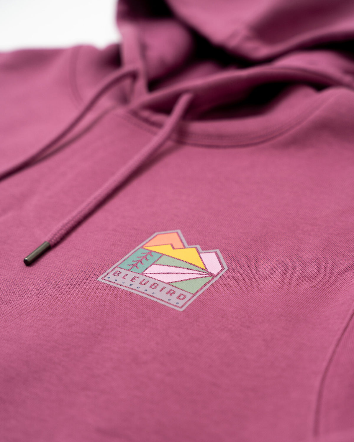 A close-up of a dusty rose pink hoodie featuring a colorful geometric mountain logo on the left chest with the text 'BLEUBIRD' underneath, on a clean white background.