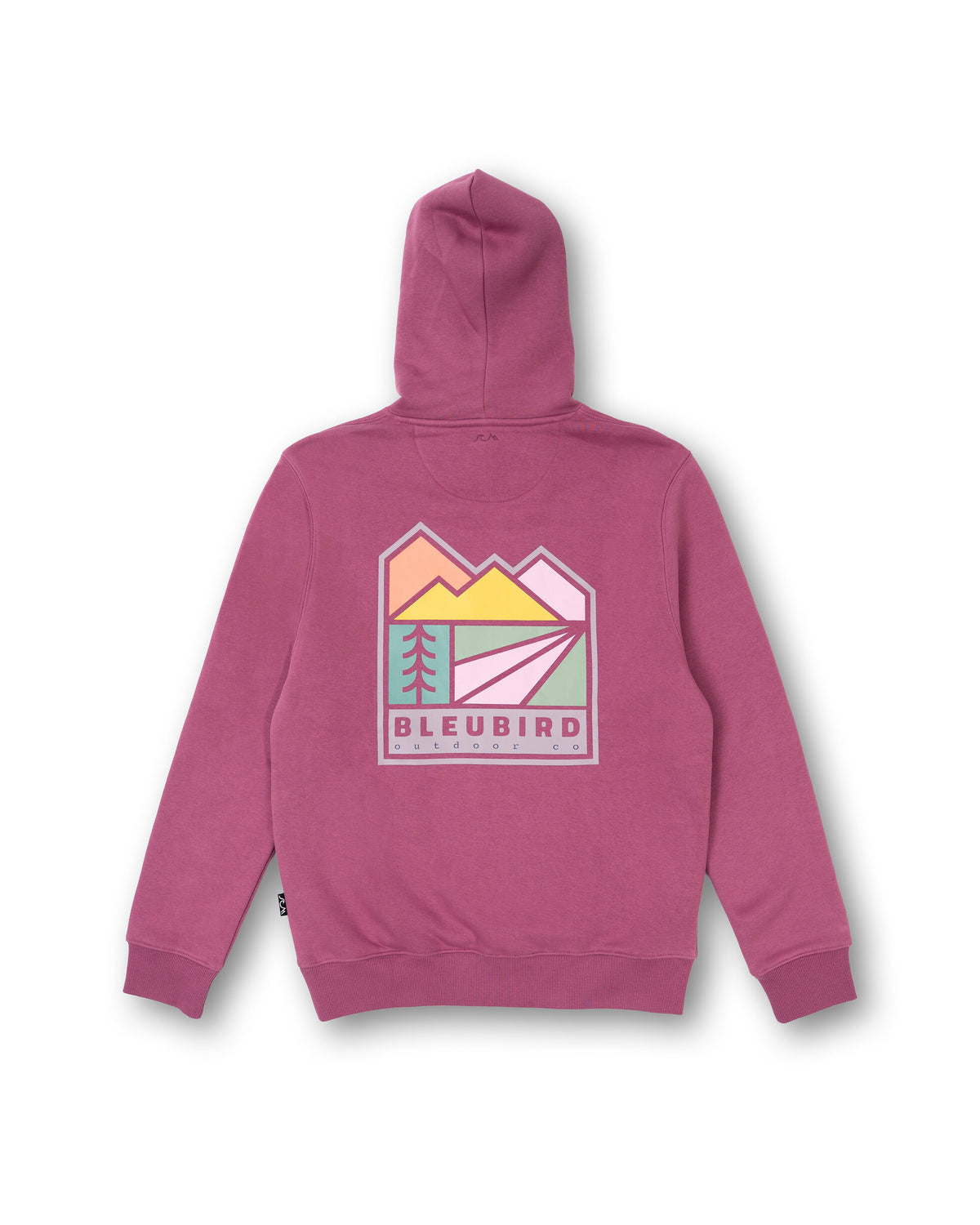 A pink pullover hoodie shown from the back, featuring a colorful graphic of mountains, trees, and a road with the text 'BLEUBIRD' printed below it, set against a plain white background.