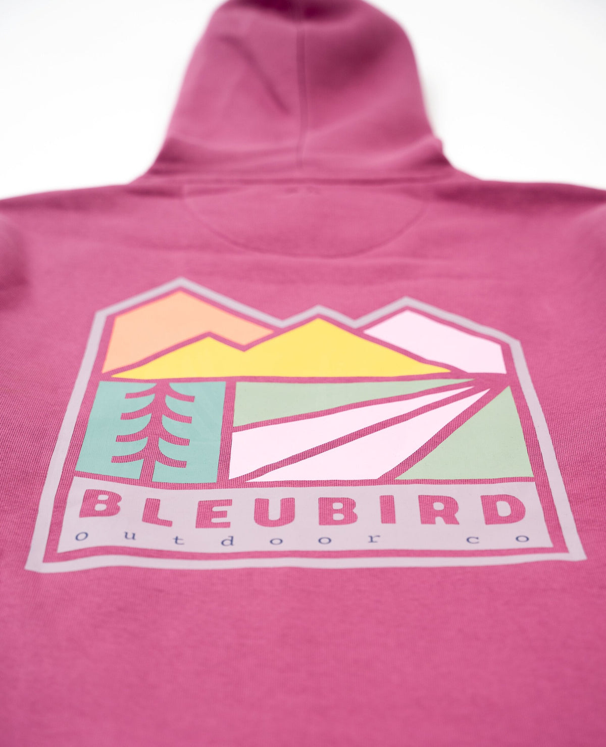 A close-up of a pink hoodie featuring a colorful graphic print on the back. The graphic shows stylized mountains, a pine tree, and a road, with the text 'BLEUBIRD outdoor co' printed below in pink.