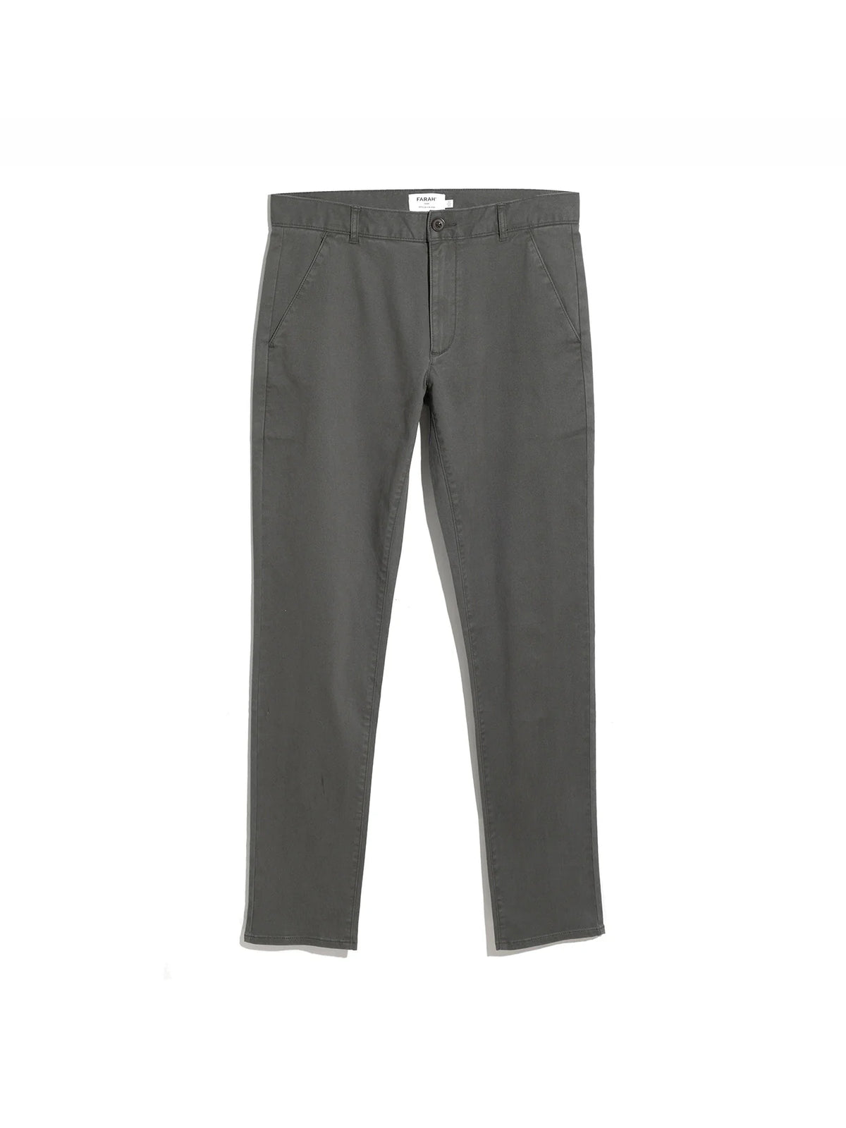 A pair of dark gray slim-fit trousers shown flat against a solid white background.
