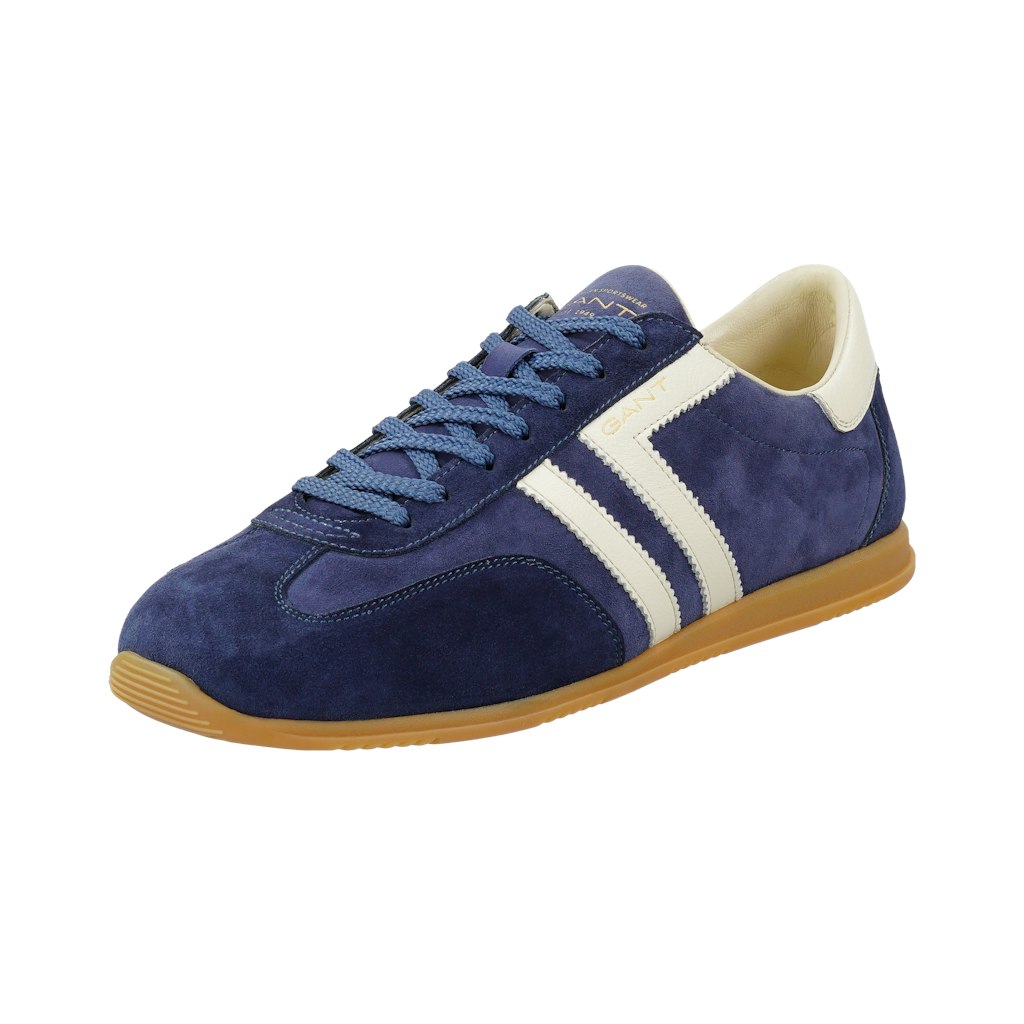 Blue sneaker with white stripes on a white background