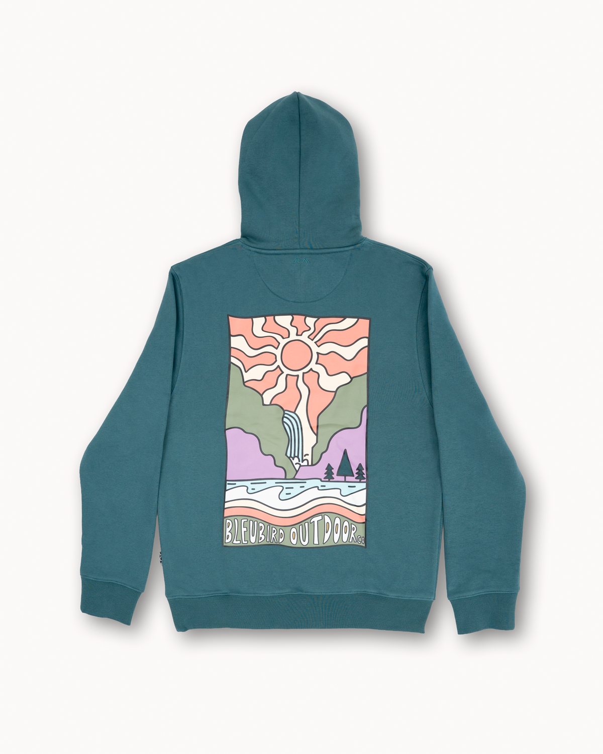 A teal blue-green hoodie shown from the back, featuring a large colorful graphic print of a sun, mountains, and a river with the text 'BLEUBIRD OUTDOORS'.