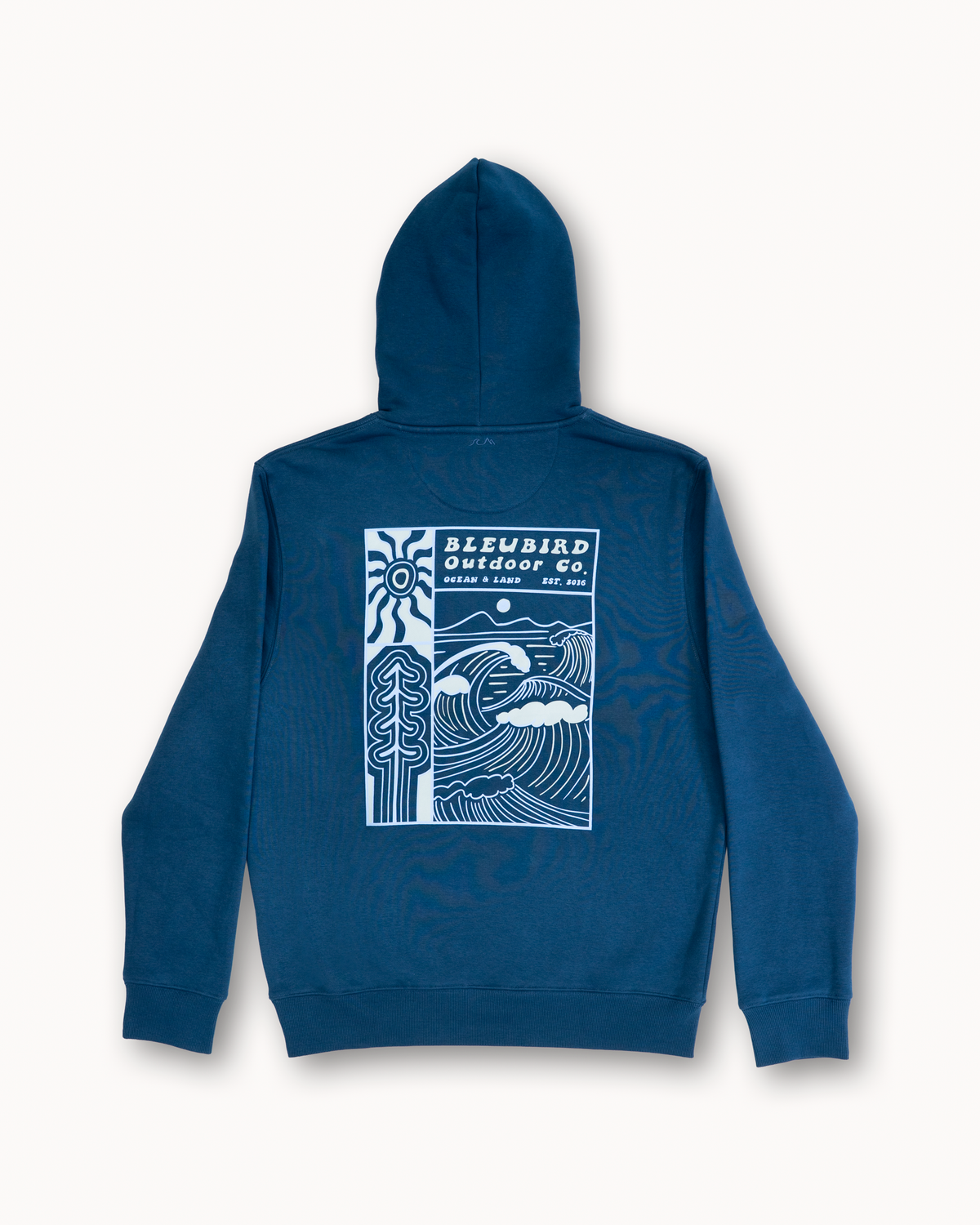 A blue hooded sweatshirt shown from the back, featuring a large white graphic print with the text 'BLEUBIRD OUTDOOR C0' and abstract wave and sun illustrations.