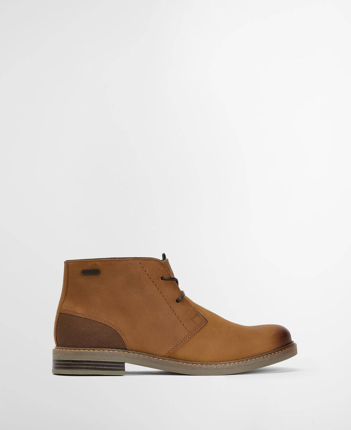 Brown leather lace up boot with heel detail and a Barbour logo on a light gray background
