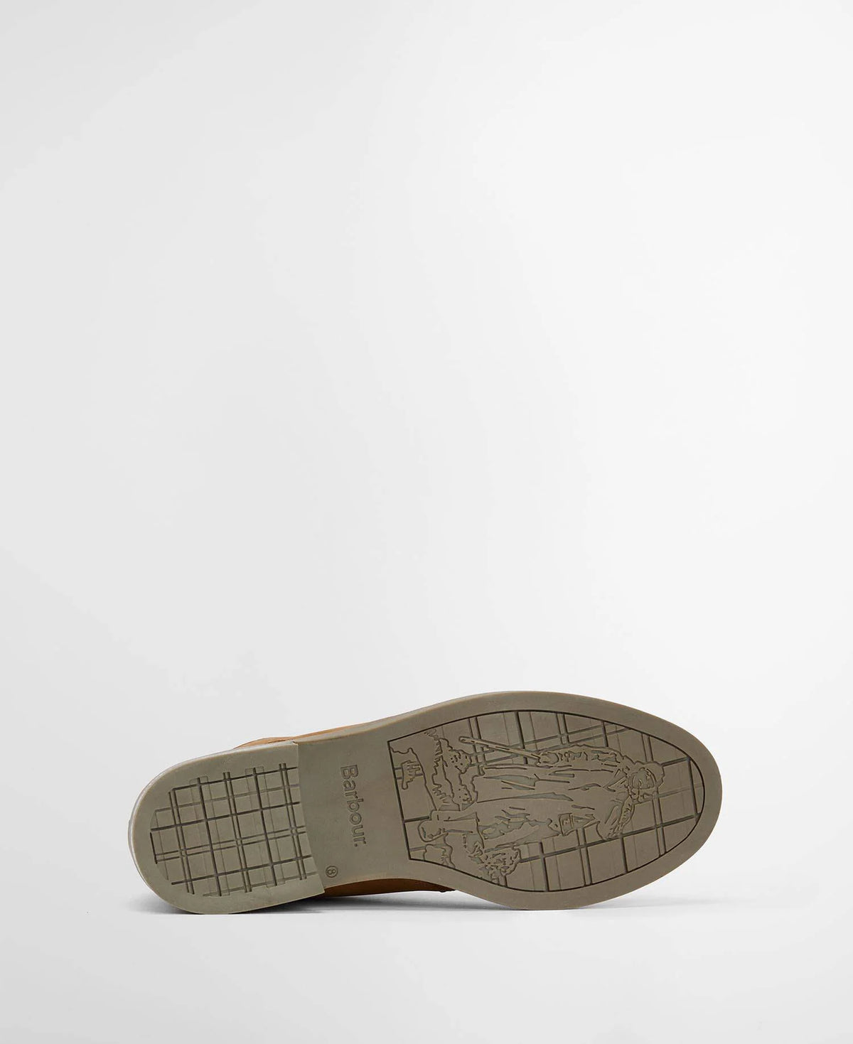 The outsole of a tan leather boot showing the brand name 'Barbour' and an image of a walking man embossed on the rubber tread, photographed against a clean white background.