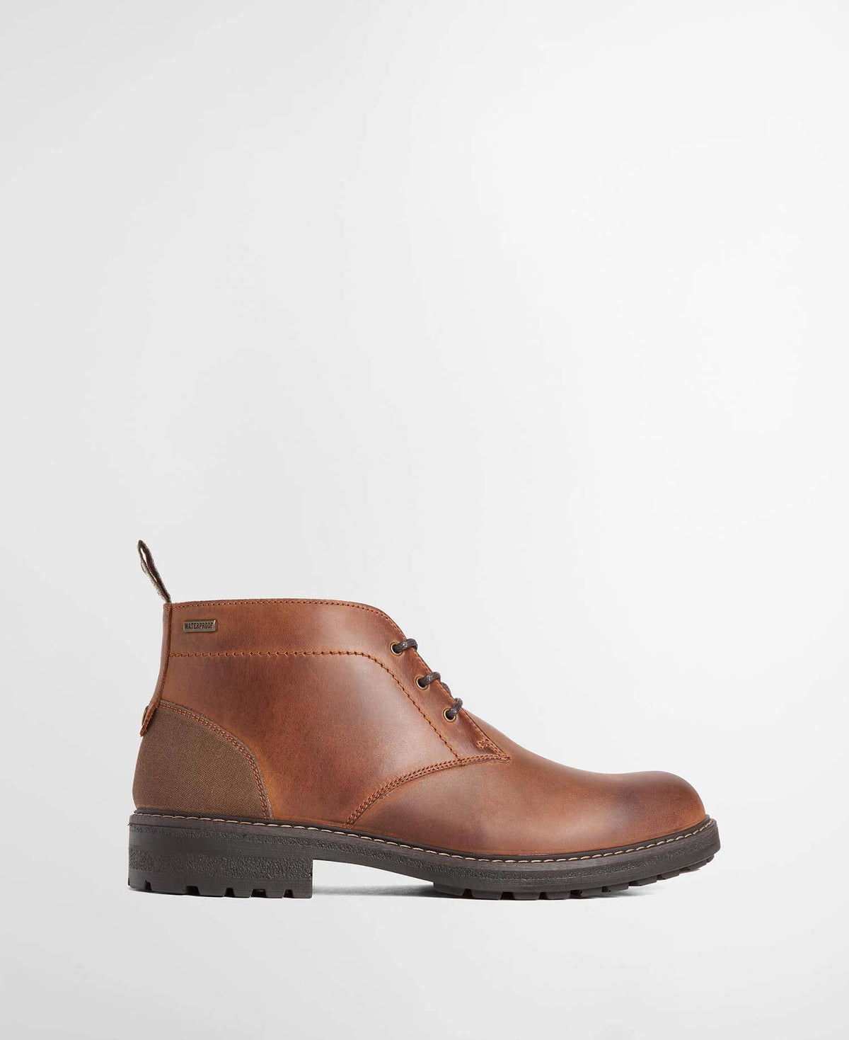 A brown leather lace-up ankle boot with a dark brown sole, shown from a side profile against a clean white background.