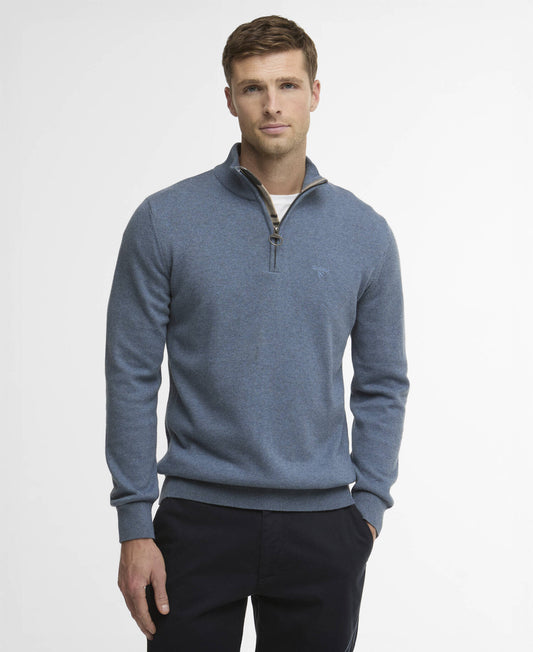 Man wearing a blue quarter-zip sweater on a white background