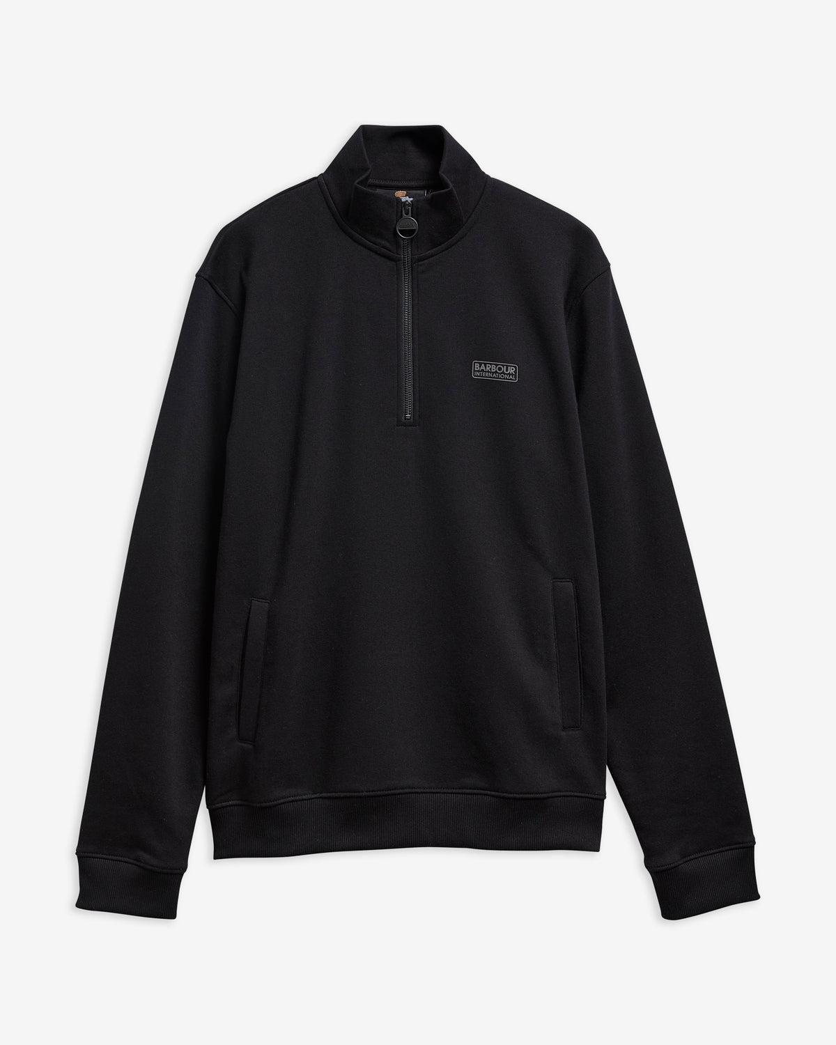 Black quarter zip sweatshirt with small Barbour International Logo on a white background