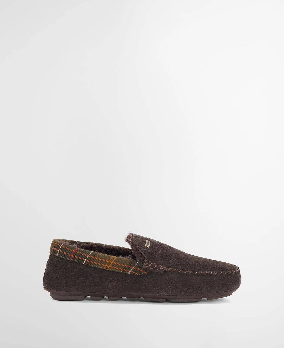 A dark brown suede slip-on loafer with a plaid lining visible at the back, shown in profile against a plain white background.