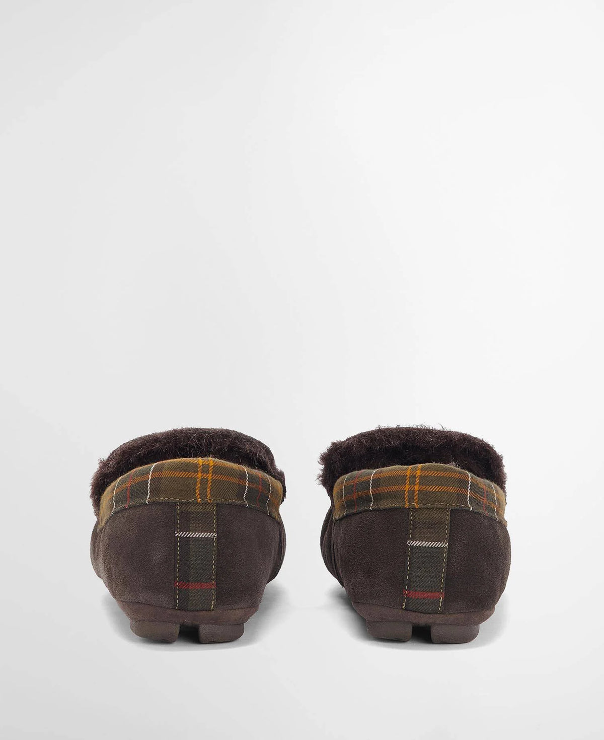 A pair of dark brown slip-on slippers with a plush brown faux-fur collar and a plaid trim in yellow, brown, and white, shown from the back on a light gray background.