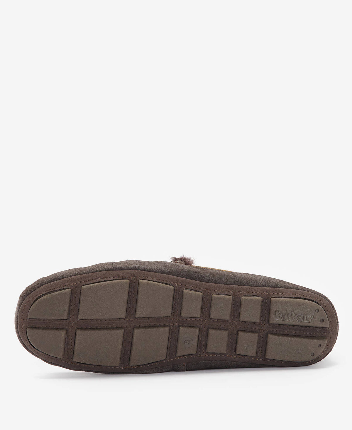 The bottom sole of a brown suede moccasin slipper, showing a grid tread pattern and a small embossed 'Barbour' brand logo on the right side, photographed against a clean white background.