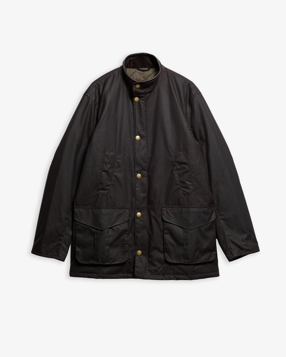 A dark brown waxed cotton jacket with gold-tone snap buttons and two large front flap pockets, displayed flat against a light gray background.