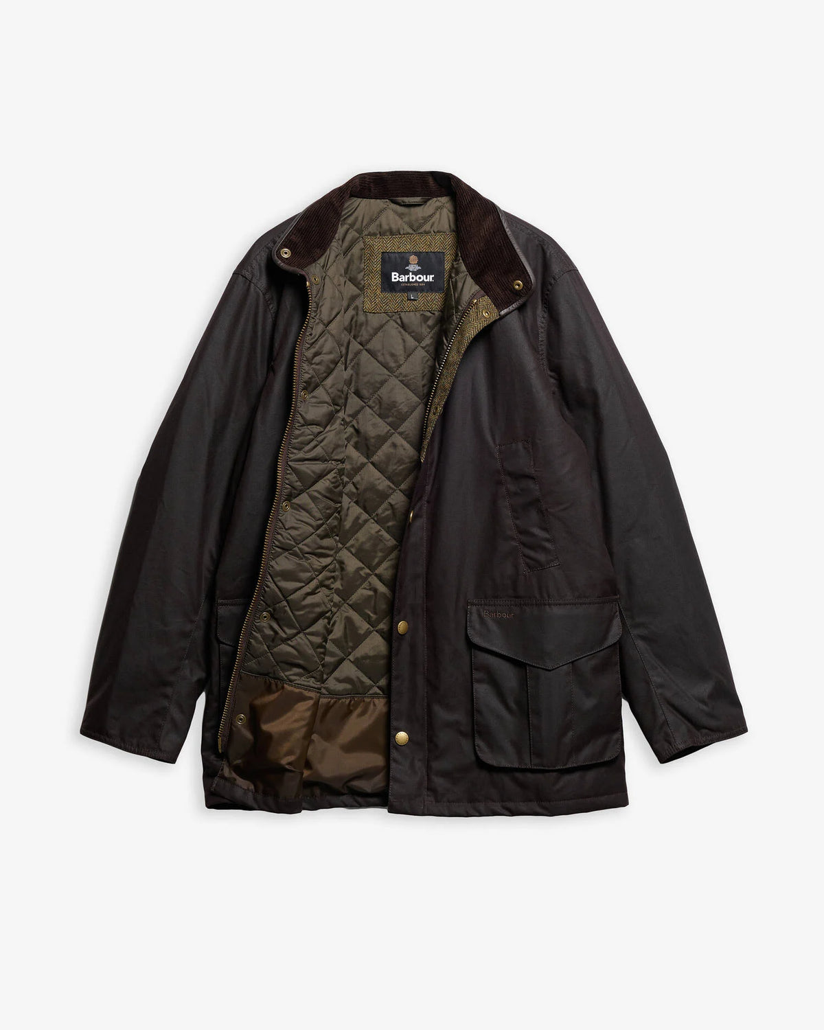 A Barbour waxed jacket in dark brown, featuring a quilted olive green inner lining and a brown corduroy collar, displayed flat against a light gray background.