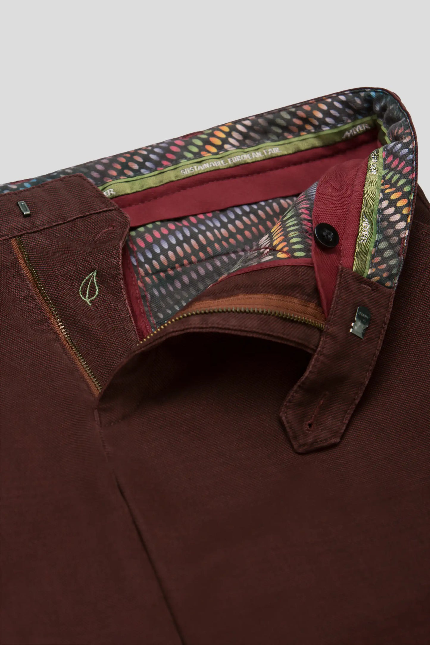 Meyer Chicago Chino Trouser inner waistband with multicoloured lining,  Burgundy - Matt O'Brien Fashions