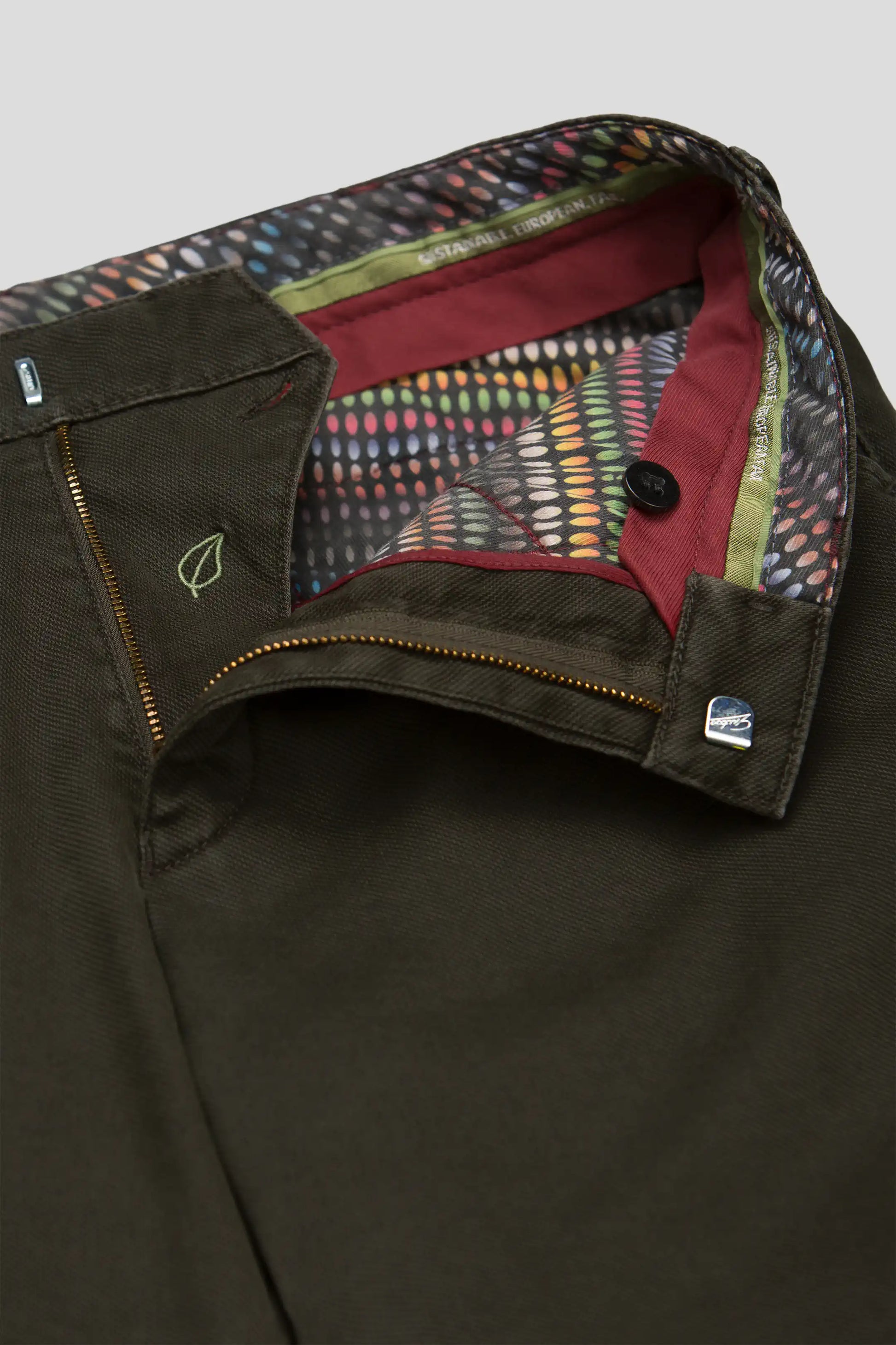 Meyer Chicago Chino Trouser inside waistband with multicoloured lining, Dark Green - Matt O'Brien Fashions 