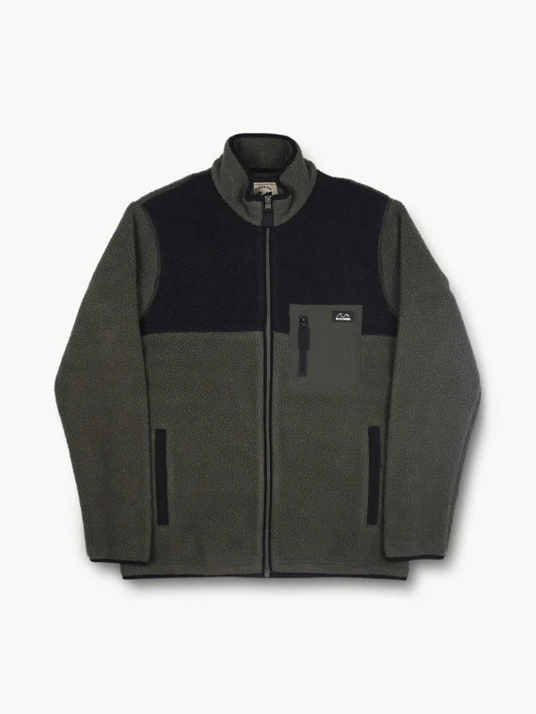 A fleece jacket with a dark charcoal upper panel and collar, olive green sleeves and lower body, featuring a front zipper, zippered chest pocket, and zippered hand pockets.