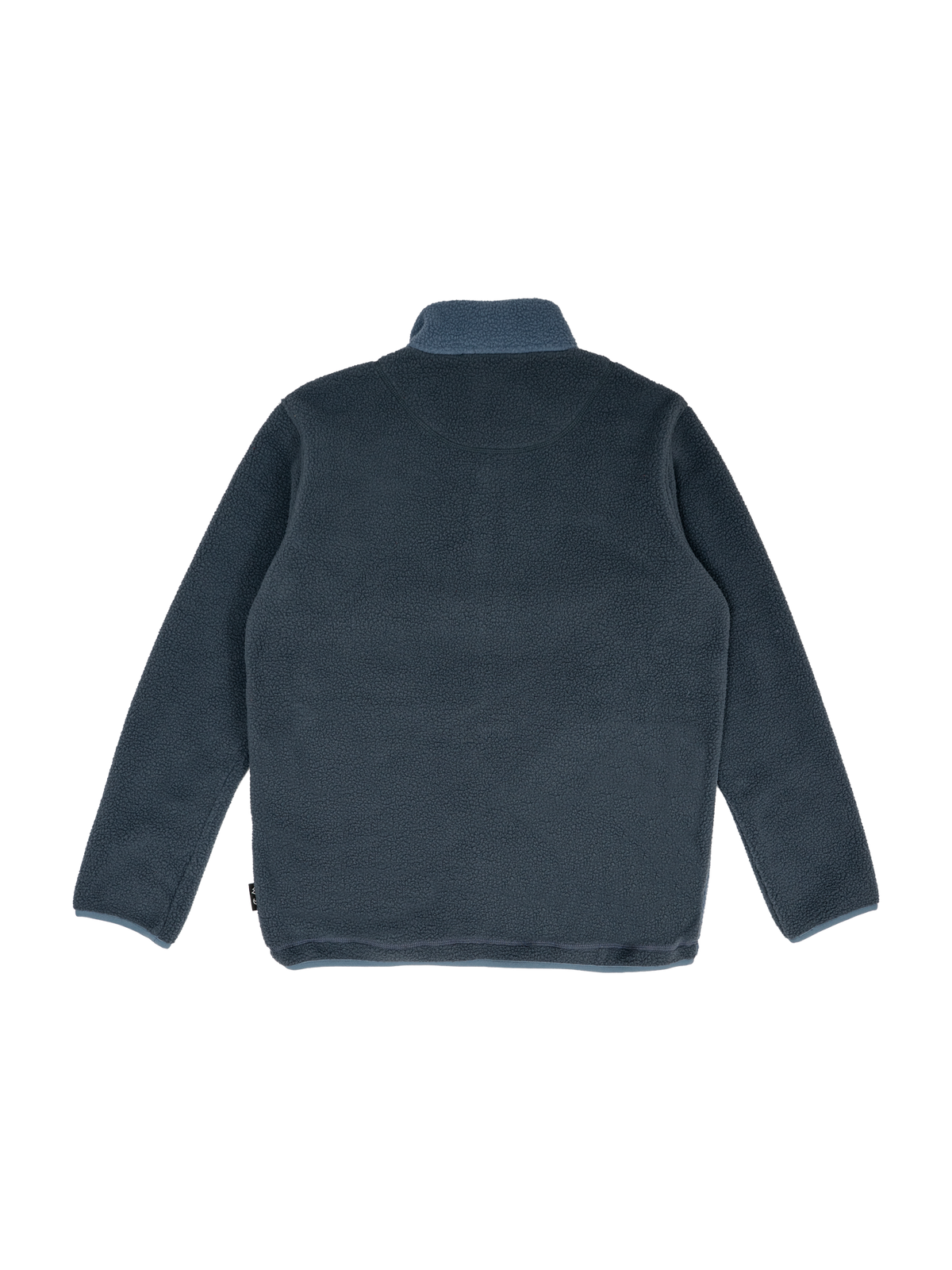A dark slate blue fleece pullover jacket shown from the back, featuring a high collar and long sleeves, laid flat against a solid white background.