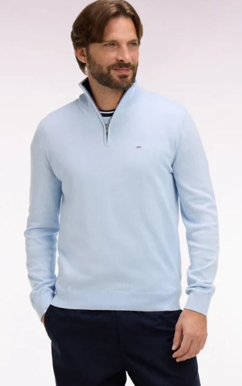 Man wearing a light blue pullover with a zipper on a white background