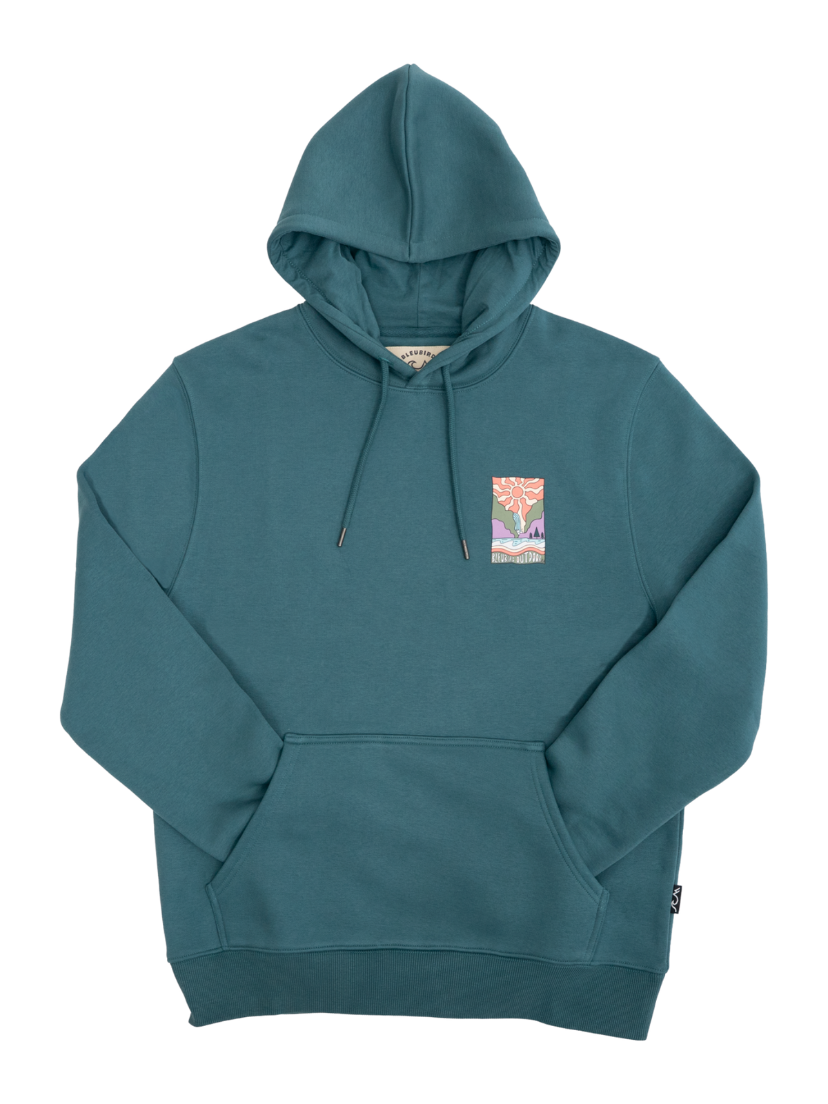 A teal green pullover hoodie with a small colorful graphic patch on the left chest, displayed against a solid white background.