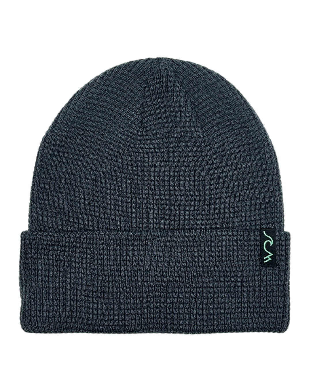 A dark gray ribbed knit beanie hat with a folded cuff, featuring a small black logo patch on the side with green lettering, shown against a plain white background.