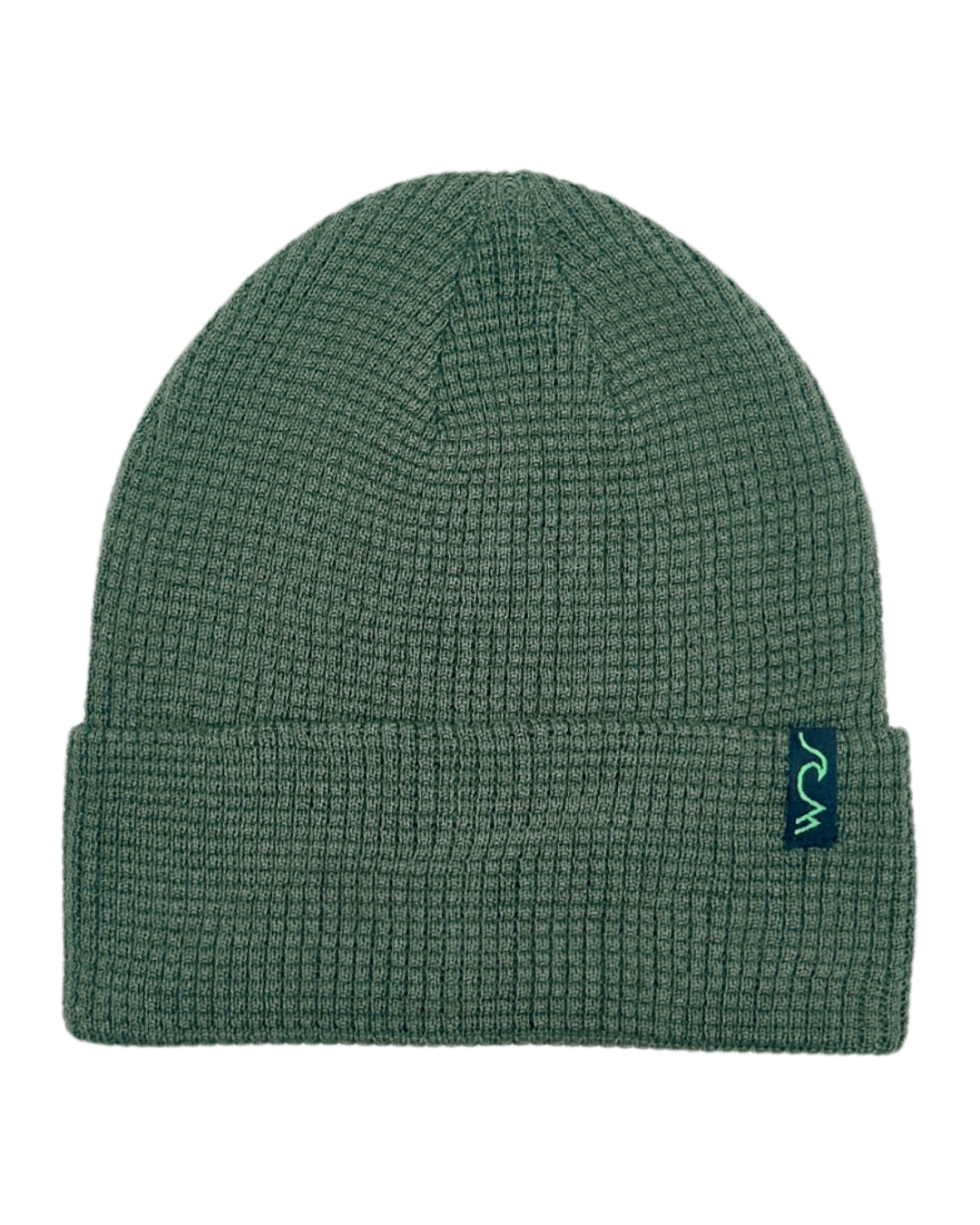 A dark green waffle-knit beanie hat with a folded cuff and a small dark green embroidered logo patch on the side, shown against a plain white background.