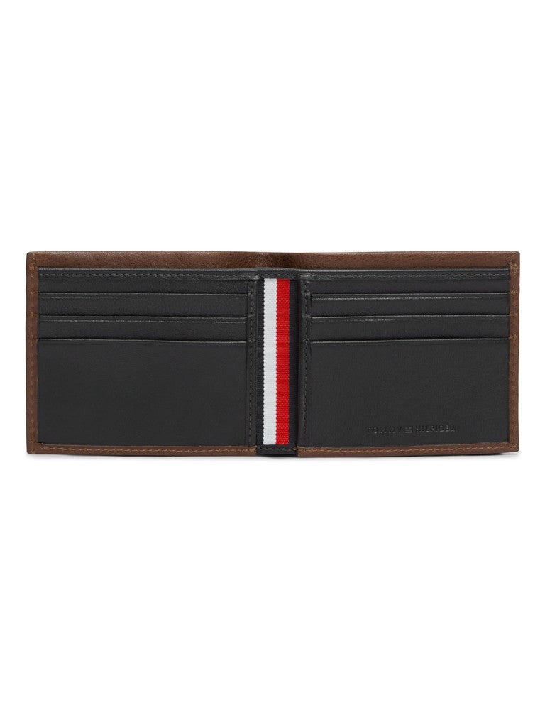 Black leather wallet with brown trim and a red, white, and blue stripe on a white background