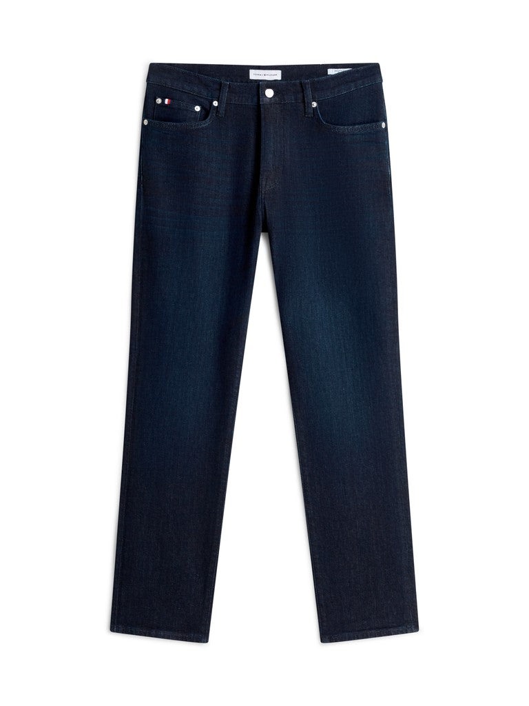 A pair of dark blue denim jeans shown flat against a plain white background.