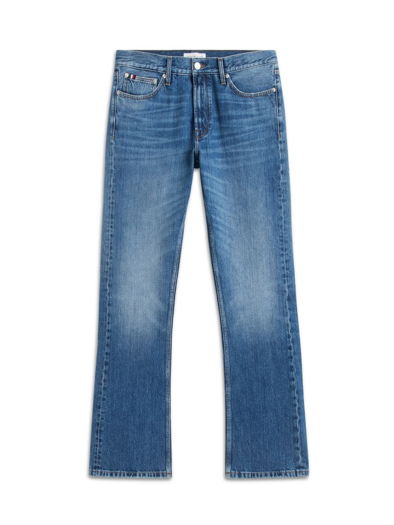 A pair of medium wash blue denim jeans with a straight-to-flare leg, shown flat against a plain white background.