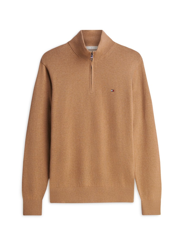 A camel brown half-zip knit sweater with a small Tommy Hilfiger flag logo on the left chest, displayed on a clean white background.