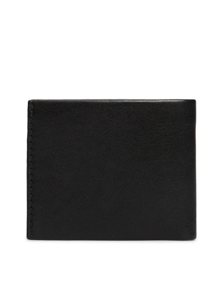 A black leather bifold wallet shown closed from the back, photographed against a plain white background.