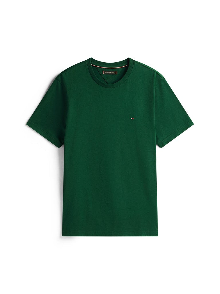 A dark green short-sleeve crewneck t-shirt with a small embroidered Tommy Hilfiger flag logo on the left chest, displayed on a clean white background.