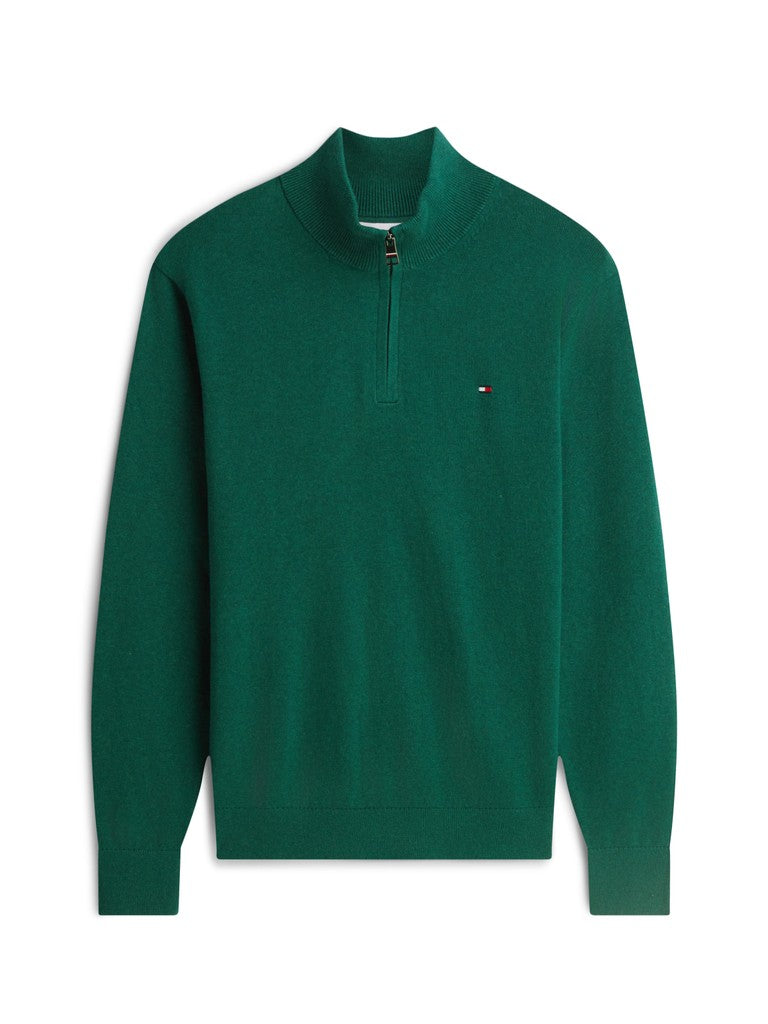 A dark green long-sleeve quarter-zip sweater with a small embroidered Tommy Hilfiger flag logo on the left chest, displayed on a clean white background.